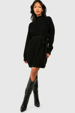 Jumper Dresses|Jumper Dresses*boohoo High Neck Belted Knitted Mini Dress black