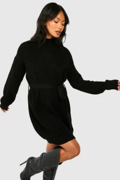 Jumper Dresses|Jumper Dresses*boohoo High Neck Belted Knitted Mini Dress black