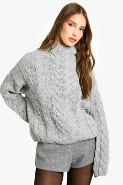 Jumpers|Knitwear*boohoo High Neck Chunky Cable Knitted Jumper grey