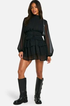 Skater Dresses|Mini Dresses*boohoo High Neck Gathered Chiffon Mini Dress black