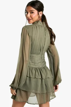 Smock Dresses*boohoo High Neck Gathered Chiffon Mini Dress dark olive