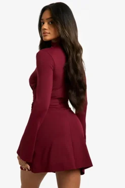 Mini Dresses|Long Sleeve Dresses*boohoo High Neck Long Sleeve Ruched Waist Shift Dress burgundy