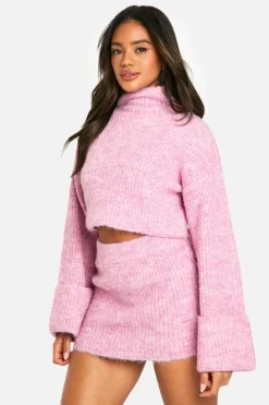 Knitted Co-Ords|Skirts*boohoo High Neck Oversized Crop Knitted Jumper And Micro Mini Skirt Set washed pink