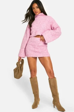 Knitted Co-Ords|Skirts*boohoo High Neck Oversized Crop Knitted Jumper And Micro Mini Skirt Set washed pink