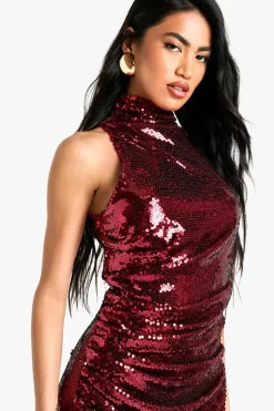 Cami Dresses|Maxi Dresses*boohoo High Neck Sequin Split Maxi Dress red