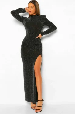 Maxi Dresses|Long Sleeve Dresses*boohoo High Neck Split Maxi Party Dress black