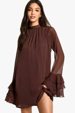 Smock Dresses|Mini Dresses*boohoo High Neck Volume Sleeve Chiffon Smock Dress chocolate