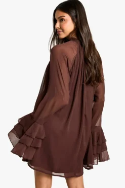 Smock Dresses|Mini Dresses*boohoo High Neck Volume Sleeve Chiffon Smock Dress chocolate
