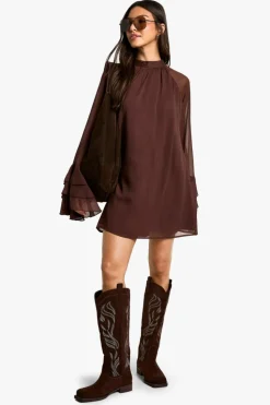 Smock Dresses|Mini Dresses*boohoo High Neck Volume Sleeve Chiffon Smock Dress chocolate