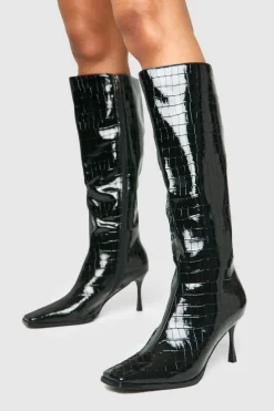 Heeled Boots|All Boots*boohoo High Shine Croc Pointed Toe Heeled Boots black