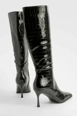 Heeled Boots|All Boots*boohoo High Shine Croc Pointed Toe Heeled Boots black