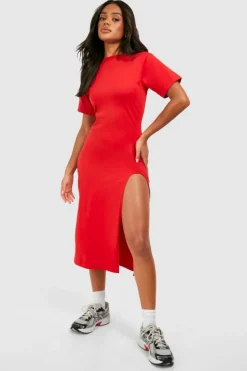 T-Shirt Dresses|Shirt Dresses*boohoo High Split Midaxi T-shirt Dress red