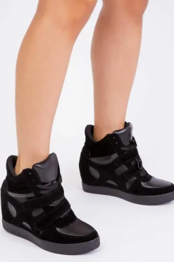 Trainers*Where's That From Hitop' Wedge Trainers With A Front Lace Up Black
