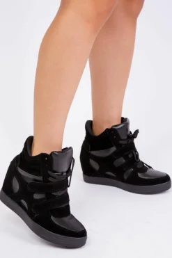 Trainers*Where's That From Hitop' Wedge Trainers With A Front Lace Up Black
