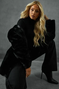 Heels|Faux Fur Coats*MissPap Hooded Faux Fur Coat black