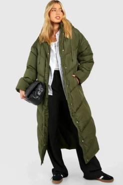 Up To 80% Off Winter Warmers|Puffer Jackets*boohoo Hooded Quilt Detail Maxi Puffer khaki