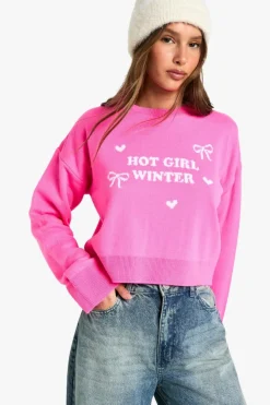 Jumpers|Up To 80% Off Winter Warmers*boohoo Hot Girl Winter Crop Christmas Jumper pink