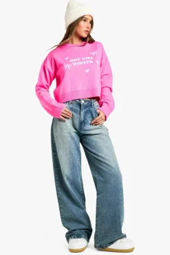 Jumpers|Up To 80% Off Winter Warmers*boohoo Hot Girl Winter Crop Christmas Jumper pink