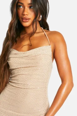 Mini Dresses*boohoo Hotfix Diamante Cowl Neck Mini Dress nude