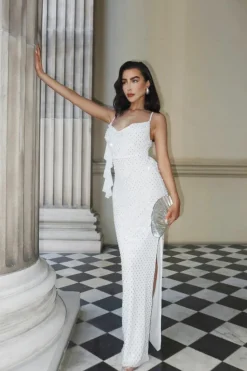 Maxi Dresses*boohoo Hotfix Diamante Cowl Neck Frill Maxi Dress white