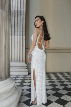 Maxi Dresses*boohoo Hotfix Diamante Cowl Neck Frill Maxi Dress white