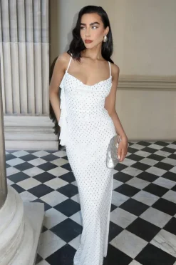 Maxi Dresses*boohoo Hotfix Diamante Cowl Neck Frill Maxi Dress white