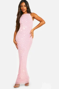 Cami Dresses*boohoo Hotfix Diamante Racer Neck Maxi Dress pale pink