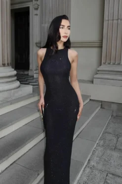 Cami Dresses|Maxi Dresses*boohoo Hotfix Diamante Racer Neck Maxi Dress black