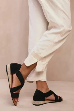 Wedges*Where's That From Hummingbird' Extra Wide Fit Low Wedge Shoes With Cross Over Strap Black