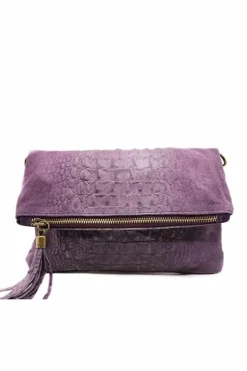 Cross-Body Bags|Handbags*Kitise Italian Genuine Suede Croc Pattern Tassel Zip Smal Flap Over Crossbody Clutch Bag Purple