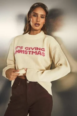 Oversized Jumpers*boohoo Its Giving Christmas Slogan Oversized Jumper cream