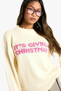 Oversized Jumpers*boohoo Its Giving Christmas Slogan Oversized Jumper cream