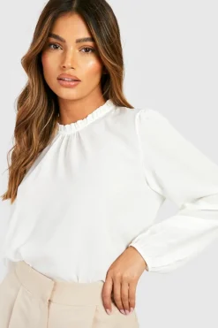 Long Sleeve Tops*boohoo Frill Neck Long Sleeve Woven Blouse ivory