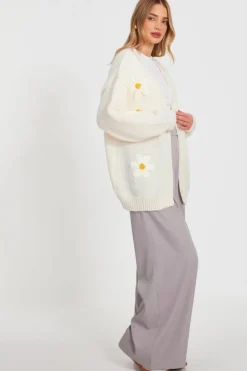 Cardigans*Quiz Knitted Floral Cardigan Ivory