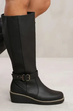 Heeled Boots|All Boots*Where's That From Jacinta' Wedge Heel Knee High Boots With Elastic Panel Black
