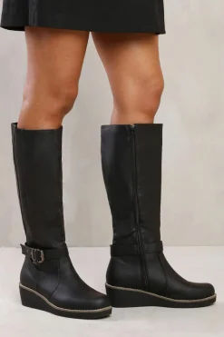 Heeled Boots|All Boots*Where's That From Jacinta' Wedge Heel Knee High Boots With Elastic Panel Black