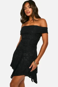 Skater Dresses*boohoo Jacquard Floral Bardot Hanky Hem Dress black