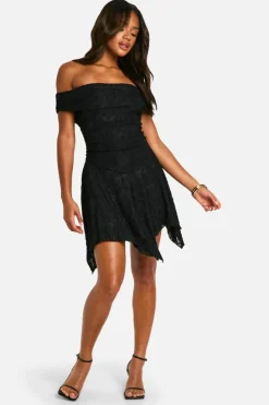 Skater Dresses*boohoo Jacquard Floral Bardot Hanky Hem Dress black