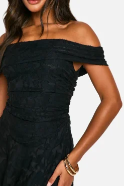 Skater Dresses*boohoo Jacquard Floral Bardot Hanky Hem Dress black