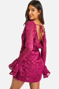 Mini Dresses|Long Sleeve Dresses*boohoo Jacquard Floral Ruffle Mini Dress plum