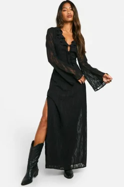 Maxi Dresses|Long Sleeve Dresses*boohoo Jacquard Frill Side Split Maxi Dress black