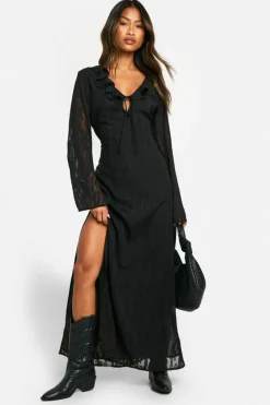 Maxi Dresses|Long Sleeve Dresses*boohoo Jacquard Frill Side Split Maxi Dress black