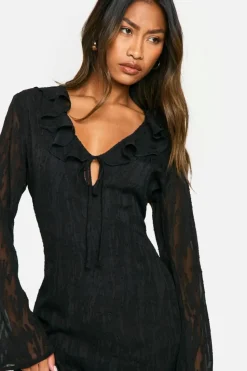 Maxi Dresses|Long Sleeve Dresses*boohoo Jacquard Frill Side Split Maxi Dress black