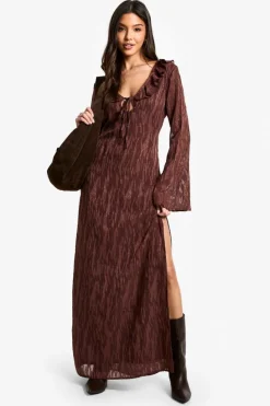 Maxi Dresses|Long Sleeve Dresses*boohoo Jacquard Frill Side Split Maxi Dress chocolate