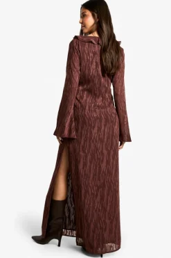 Maxi Dresses|Long Sleeve Dresses*boohoo Jacquard Frill Side Split Maxi Dress chocolate