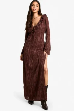 Maxi Dresses|Long Sleeve Dresses*boohoo Jacquard Frill Side Split Maxi Dress chocolate
