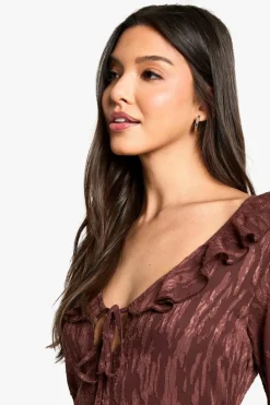 Maxi Dresses|Long Sleeve Dresses*boohoo Jacquard Frill Side Split Maxi Dress chocolate