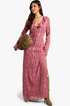 Maxi Dresses|Long Sleeve Dresses*boohoo Jacquard Frill Side Split Maxi Dress dusky pink