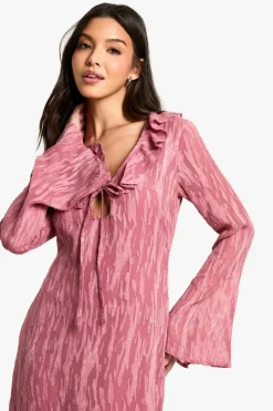 Maxi Dresses|Long Sleeve Dresses*boohoo Jacquard Frill Side Split Maxi Dress dusky pink