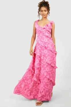 Cami Dresses*boohoo Jacquard Ruffle Strappy Maxi Dress pink